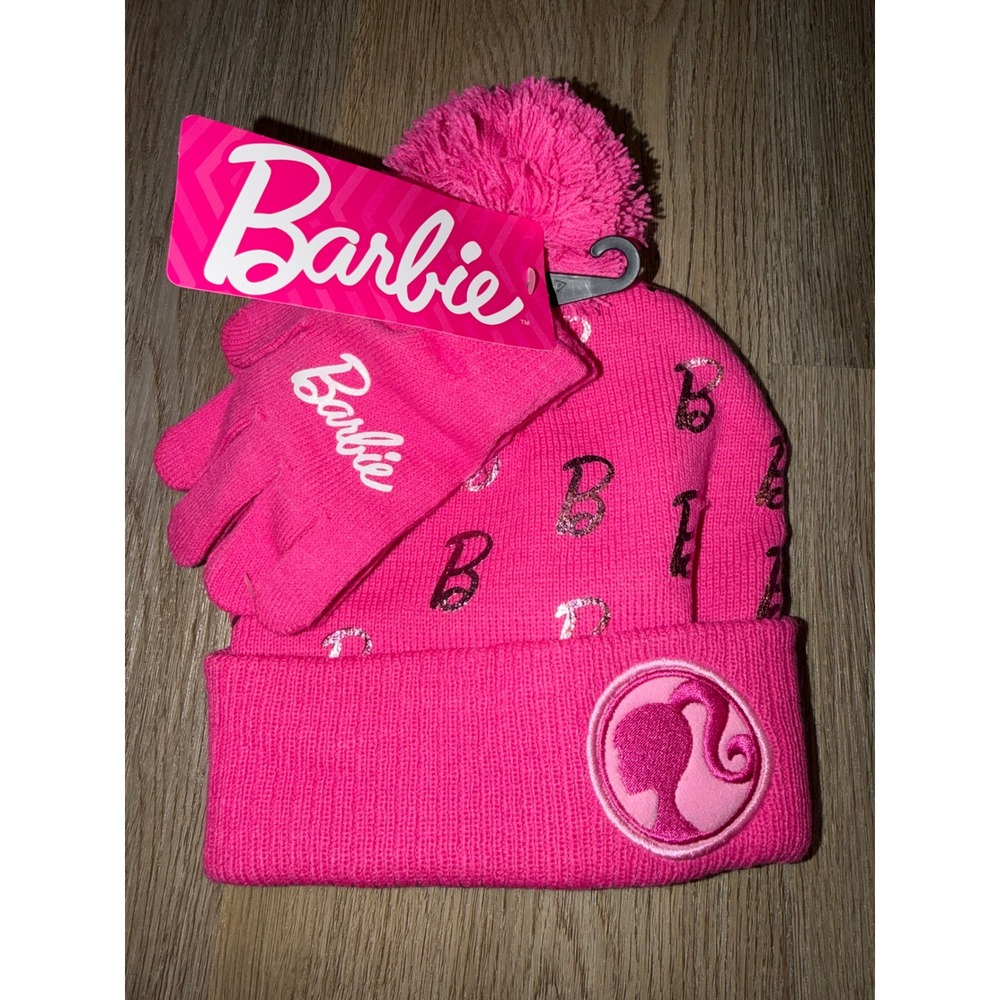 Barbie Girls Hot Pink Beanie Hat and Gloves Set Metallic Logo Pom Pom NWT